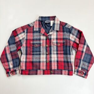 ERIKA & CO Plaid Bomber Camp Jacket MP Petite Medium Wool Blend Red Navy